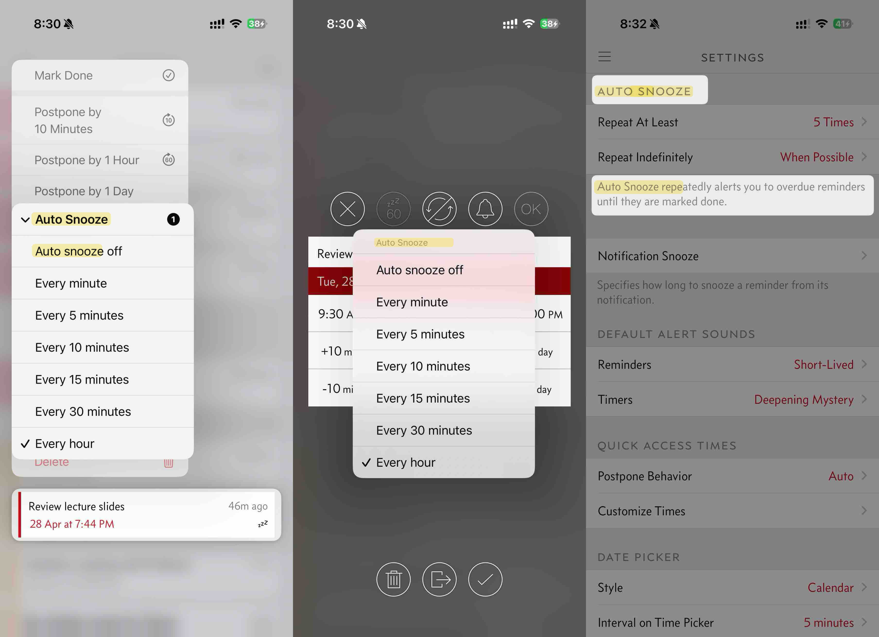 Auto Snooze — long-press menu, editor toolbar, Settings page