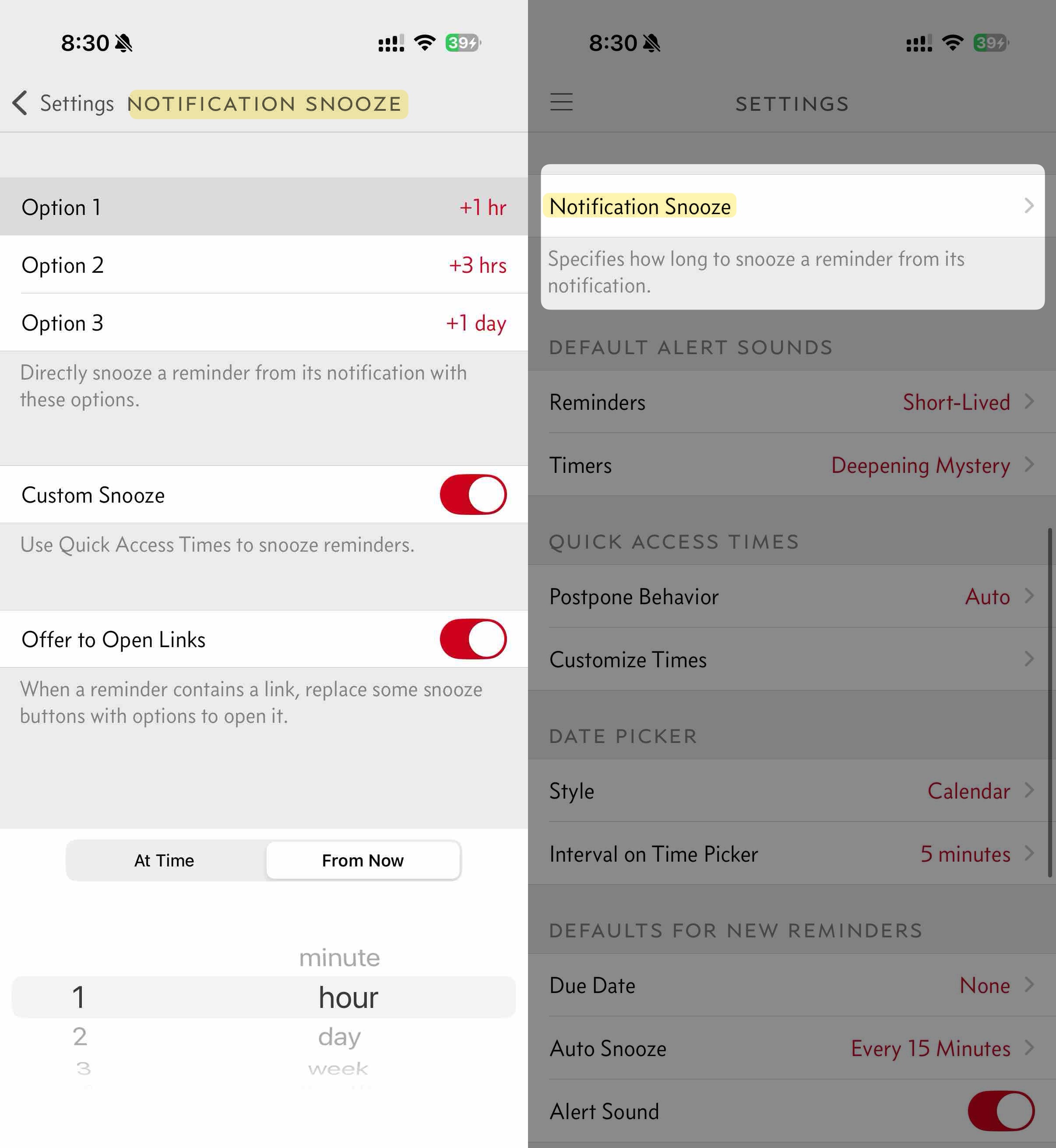 Notification Snooze settings page