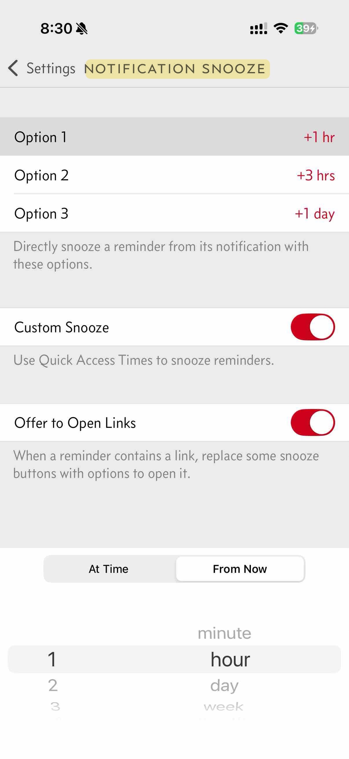 The Notification Snooze settings page with three duration options