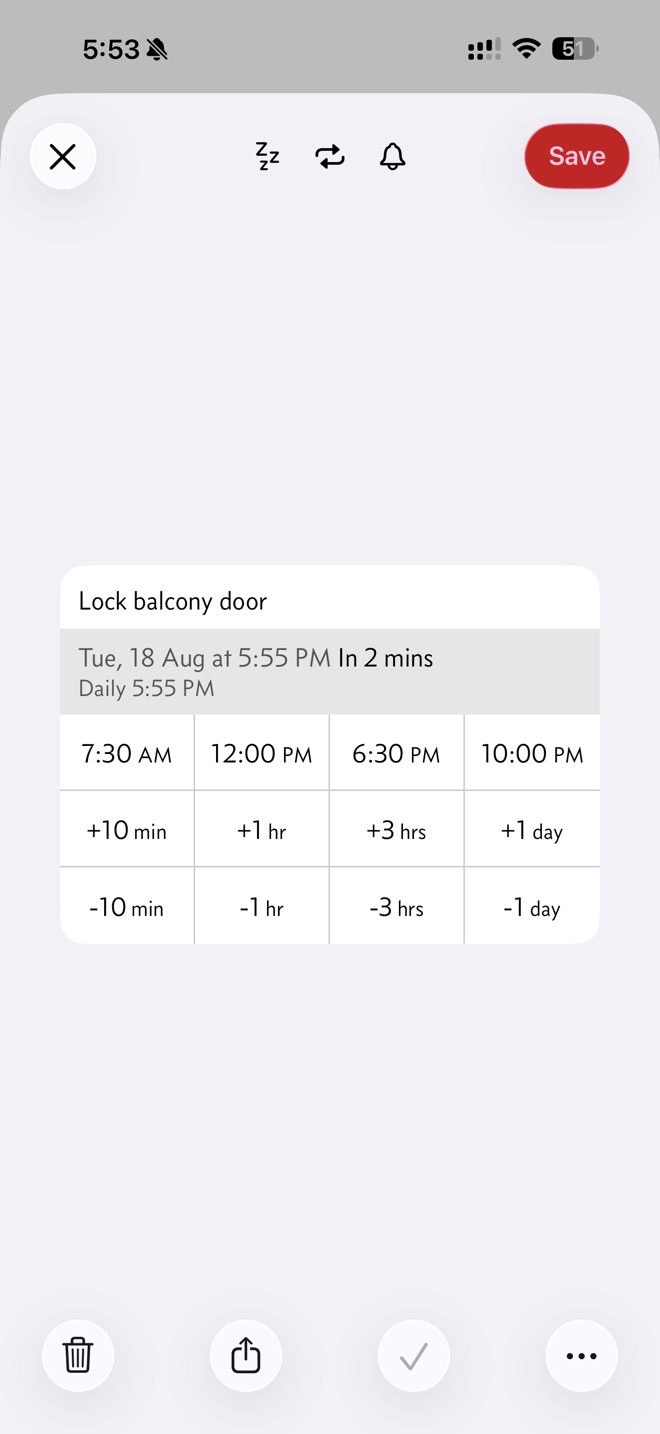 The reminder Lock balcony door, due at 5:55 PM