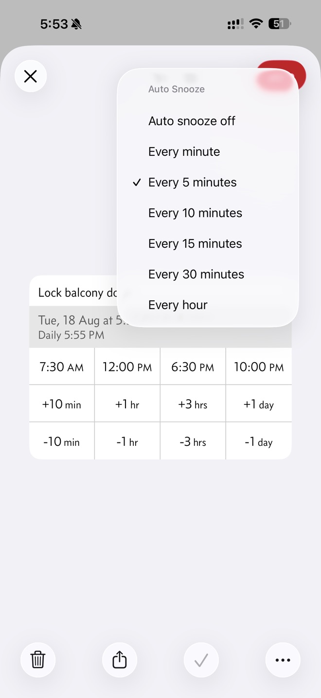 The Auto Snooze list with Every 5 minutes ticked