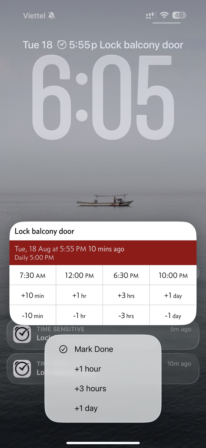 The notification expanded, with the action reading Mark Done
